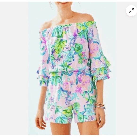 Lilly Pulitzer Calla Off-Shoulder Romper Mermaid in the Shade XS NWOT - Picture 1 of 7
